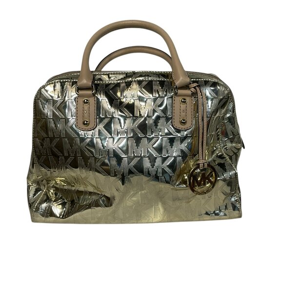 MICHAEL KORS Mason Medium Logo Embossed Metallic Gold Leather Satchel - Picture 6 of 10